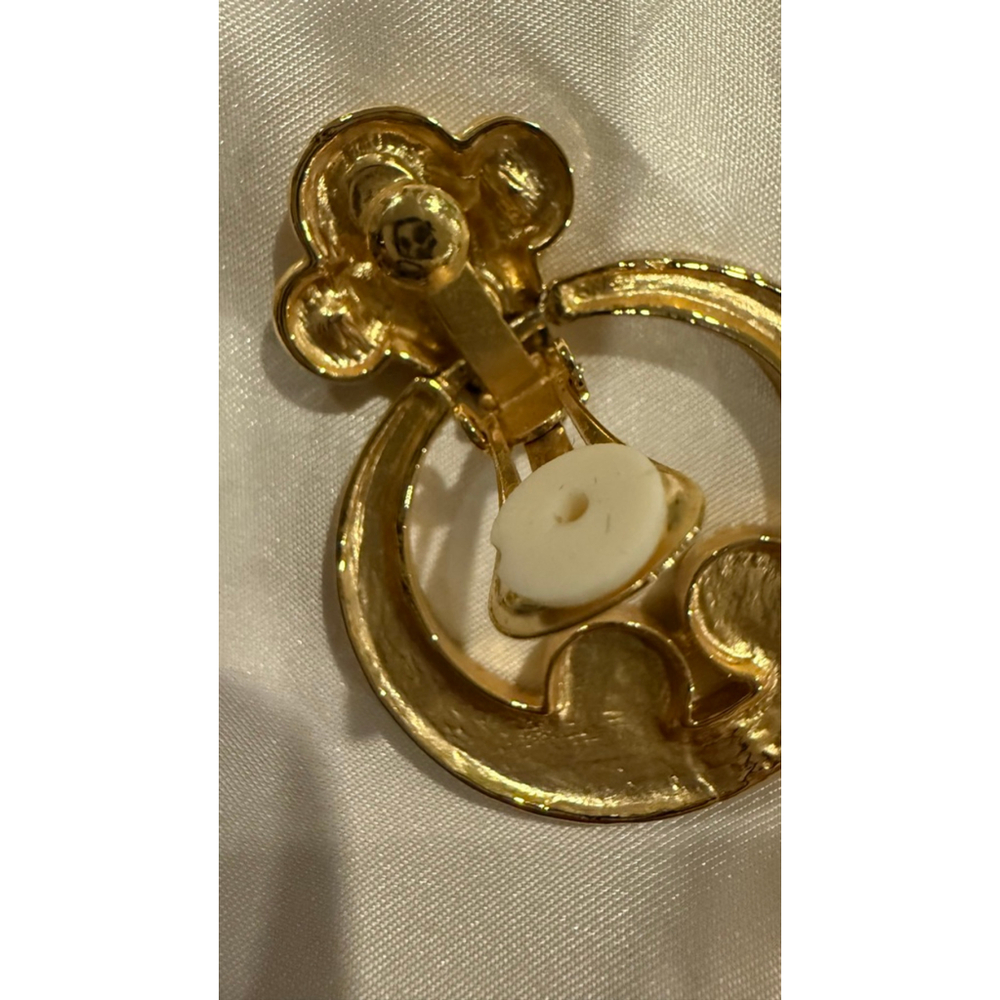 Vintage 1980s Door Knocker Clip- On Earrings Gold Tone with Multi-Color Stones - Picture 6 of 8